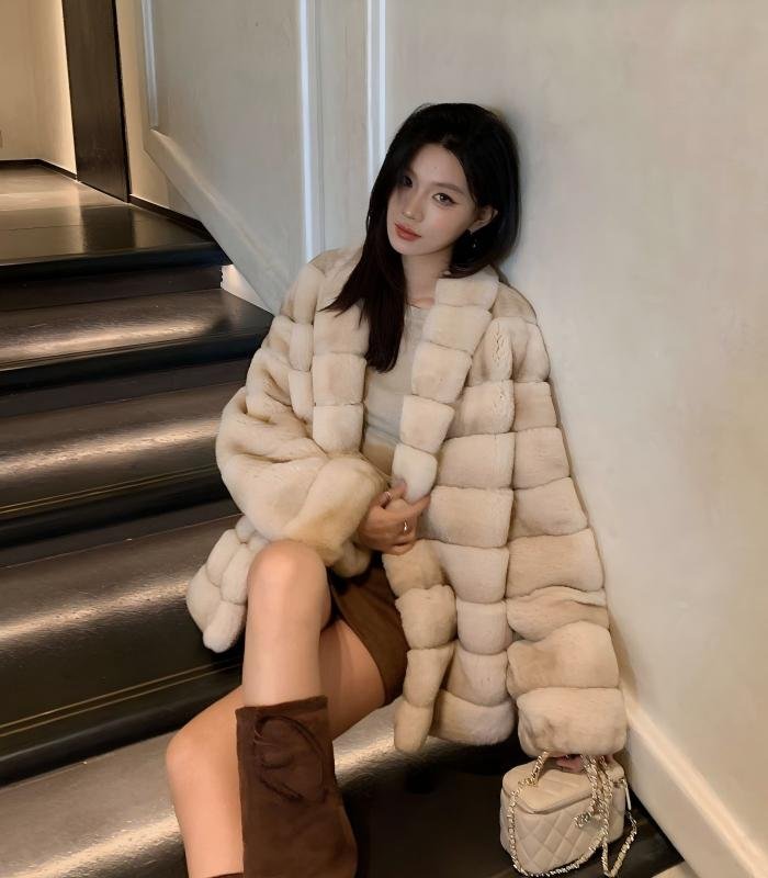 2648Women's Mid Length Rex Rabbit Fur Coat, Soft Luxury Fur Outerwear for Winter.E