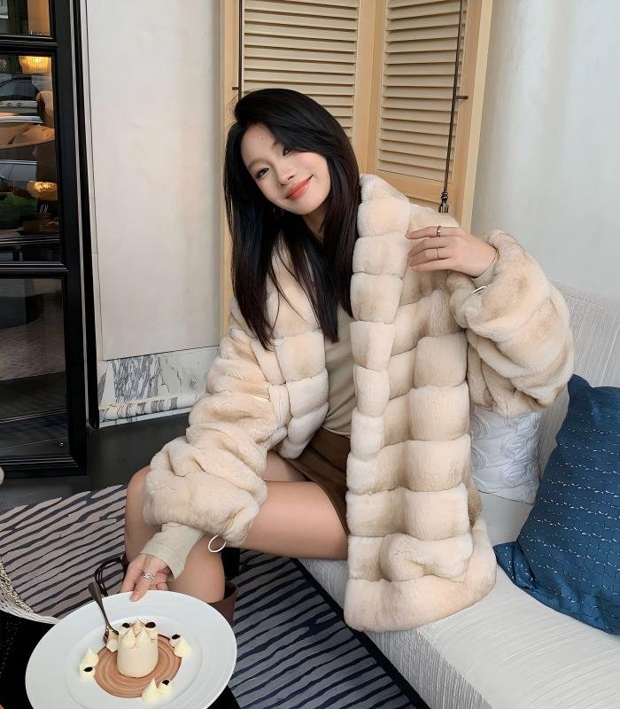 2648Women's Mid Length Rex Rabbit Fur Coat, Soft Luxury Fur Outerwear for Winter..D