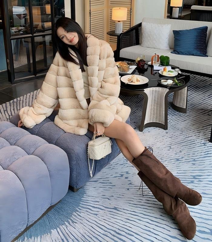 2648Women's Mid Length Rex Rabbit Fur Coat, Soft Luxury Fur Outerwear for Winter..C