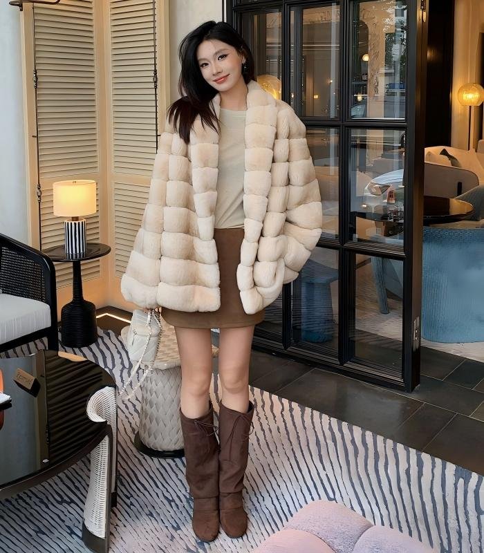 2648Women's Mid Length Rex Rabbit Fur Coat, Soft Luxury Fur Outerwear for Winter..B