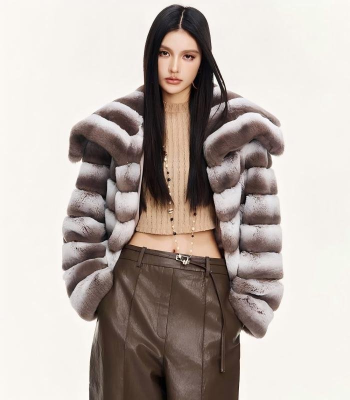 Women's Rex Rabbit Fur Coat, Angel Wing Oversized Collar, Golden Khaki Color Luxury Winter Outerwear