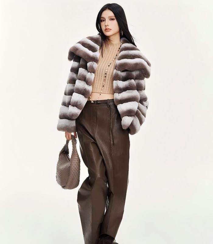 Women's Rex Rabbit Fur Coat, Angel Wing Oversized Collar, Golden Khaki Color Luxury Winter Outerwear