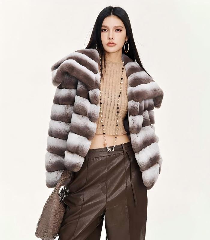 Women's Rex Rabbit Fur Coat, Angel Wing Oversized Collar, Golden Khaki Color Luxury Winter Outerwear