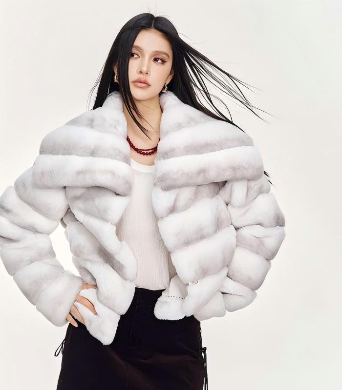 Women's Rex Rabbit Fur Coat, Angel Wing Oversized Collar, Golden Khaki Color Luxury Winter Outerwear