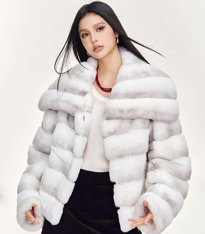 Women's Rex Rabbit Fur Coat, Angel Wing Oversized Collar, Golden Khaki Color Luxury Winter Outerwear