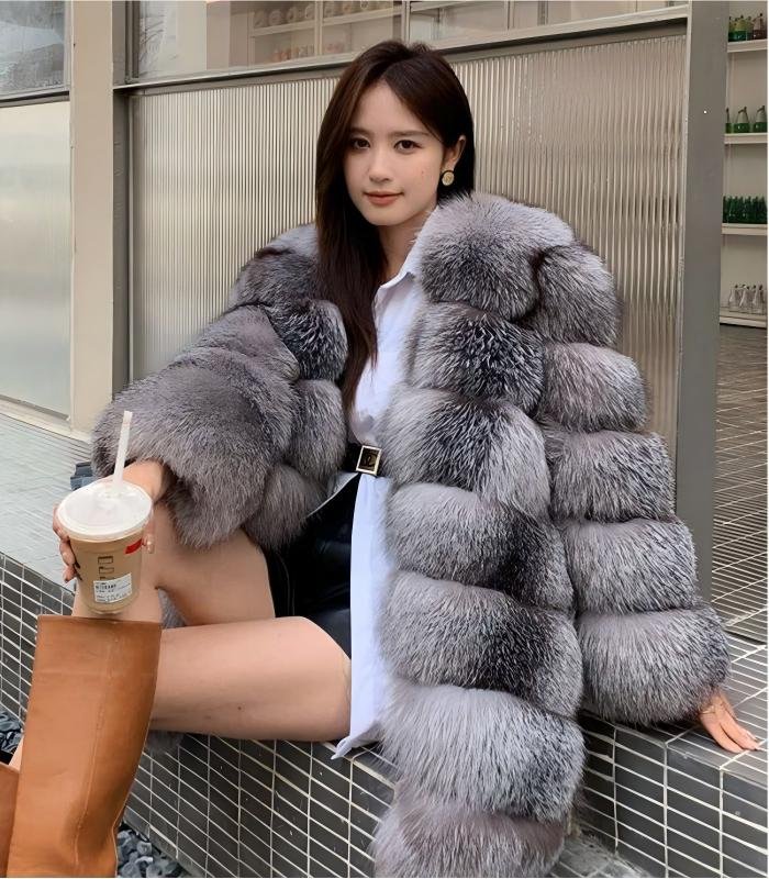 2650 Women's Silver Blue Fox Mid Length Fur Coat, Real Full Skin Luxury Winter Outerwear for Women