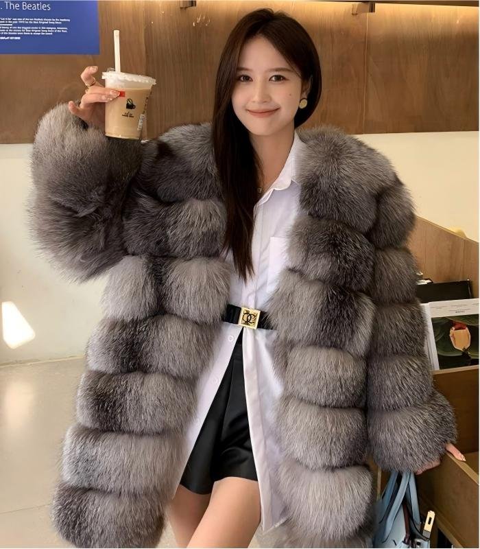 2650 Women's Silver Blue Fox Mid Length Fur Coat, Real Full Skin Luxury Winter Outerwear for Women