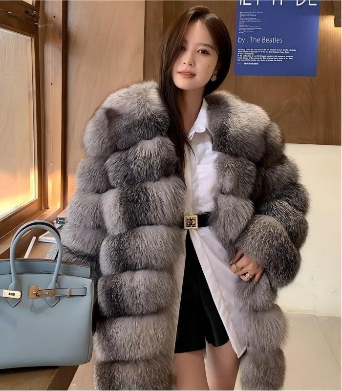 2650 Women's Silver Blue Fox Mid Length Fur Coat, Real Full Skin Luxury Winter Outerwear for Women