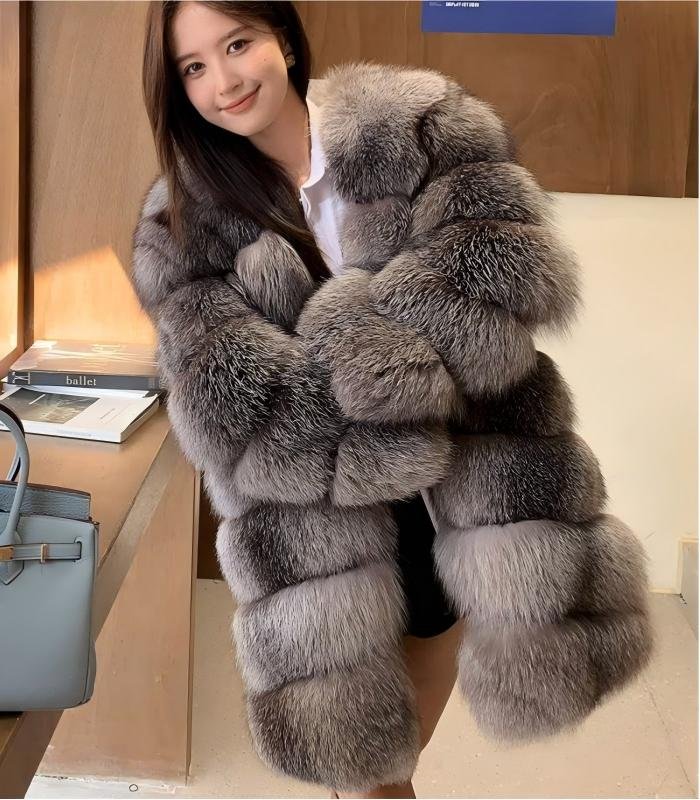 2650 Women's Silver Blue Fox Mid Length Fur Coat, Real Full Skin Luxury Winter Outerwear for Women
