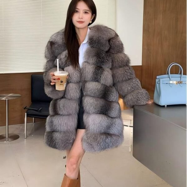 2650 Women's Silver Blue Fox Mid Length Fur Coat, Real Full Skin Luxury Winter Outerwear for Women