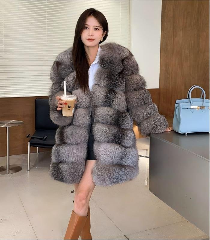 2650 Women's Silver Blue Fox Mid Length Fur Coat, Real Full Skin Luxury Winter Outerwear for Women