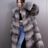 Women's Silver Blue Fox Long Hooded Fur Coat, Real Full Skin Luxury Winter Outerwear for Women