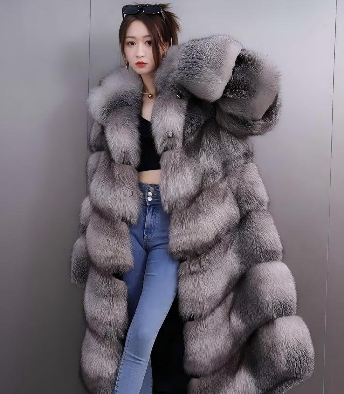 Women's Silver Blue Fox Long Hooded Fur Coat, Real Full Skin Luxury Winter Outerwear for Women