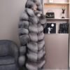 Women's Silver Blue Fox Long Hooded Fur Coat, Real Full Skin Luxury Winter Outerwear for Women