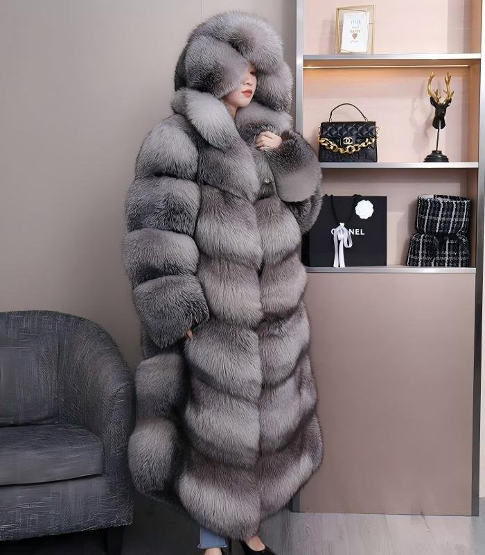 Women's Silver Blue Fox Long Hooded Fur Coat, Real Full Skin Luxury Winter Outerwear for Women
