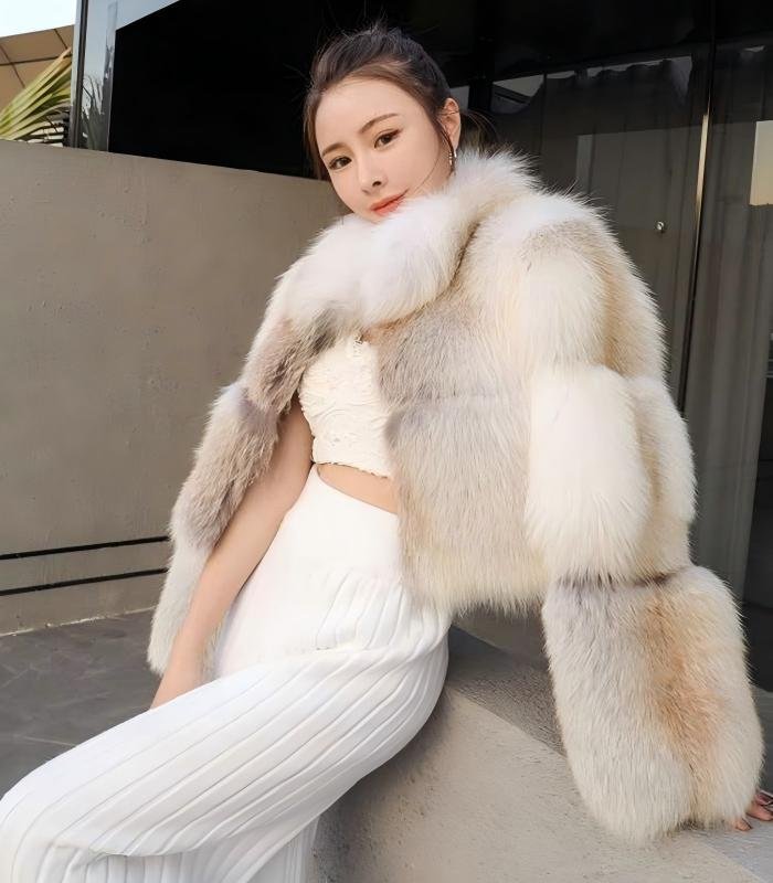 Women's Golden Island Fox Short Fur Coat, Real Full Skin Luxury Winter Outerwear for Women