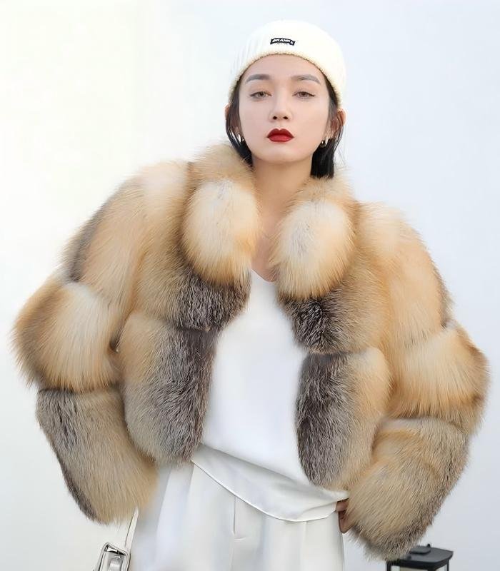 Women's Golden Island Fox Short Fur Coat, Real Full Skin Luxury Winter Outerwear for Women