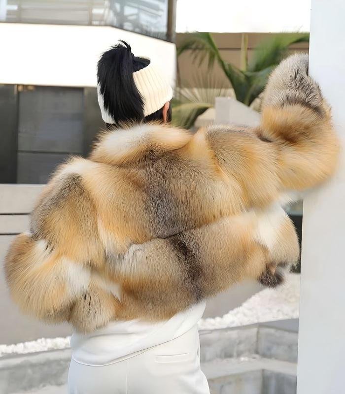 Women's Golden Island Fox Short Fur Coat, Real Full Skin Luxury Winter Outerwear for Women