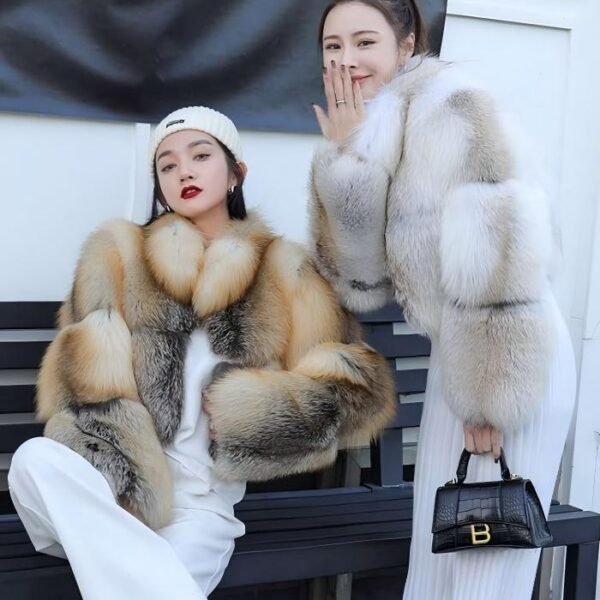 Women's Golden Island Fox Short Fur Coat, Real Full Skin Luxury Winter Outerwear for Women