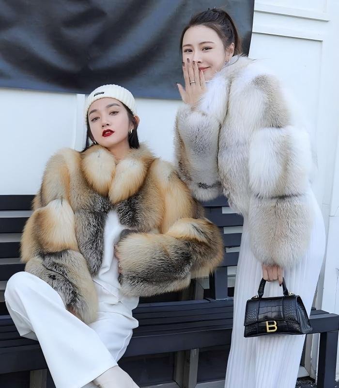 Women's Golden Island Fox Short Fur Coat, Real Full Skin Luxury Winter Outerwear for Women