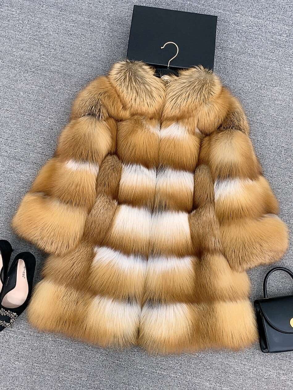#2665 Women Mid-Long Red Fox Fur Coat Stand Collar, Real Full Skin Fox Fur Luxury Winter Outerwear .a