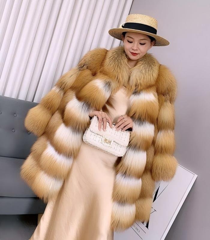 #2665 Women Mid-Long Red Fox Fur Coat Stand Collar, Real Full Skin Fox Fur Luxury Winter Outerwear .b