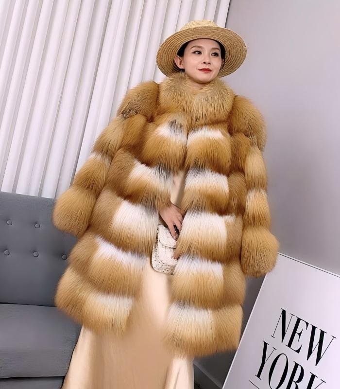 #2665 Women Mid-Long Red Fox Fur Coat Stand Collar, Real Full Skin Fox Fur Luxury Winter Outerwear .c