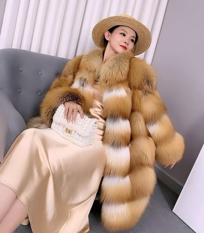 #2665 Women Mid-Long Red Fox Fur Coat Stand Collar, Real Full Skin Fox Fur Luxury Winter Outerwear .d