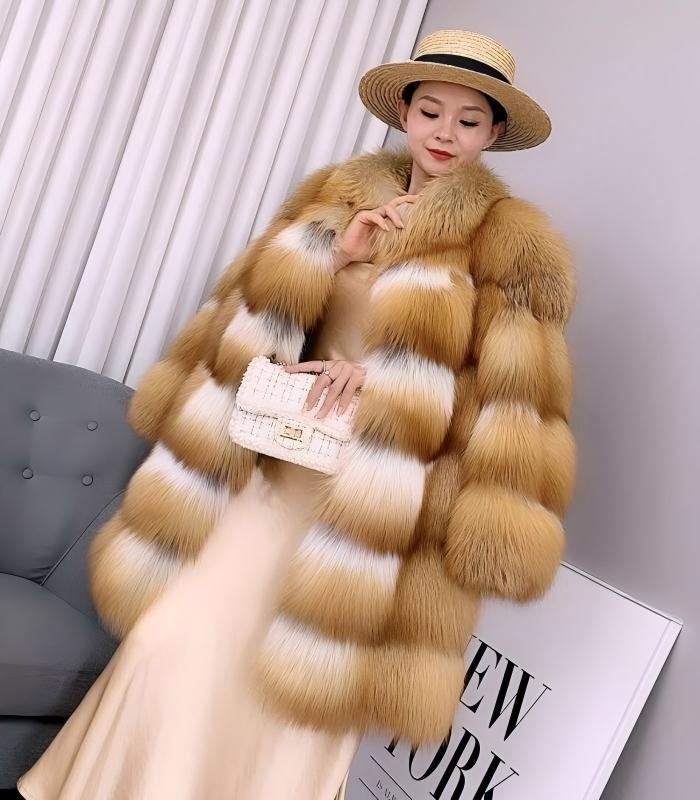 #2665 Women Mid-Long Red Fox Fur Coat Stand Collar, Real Full Skin Fox Fur Luxury Winter Outerwear .e