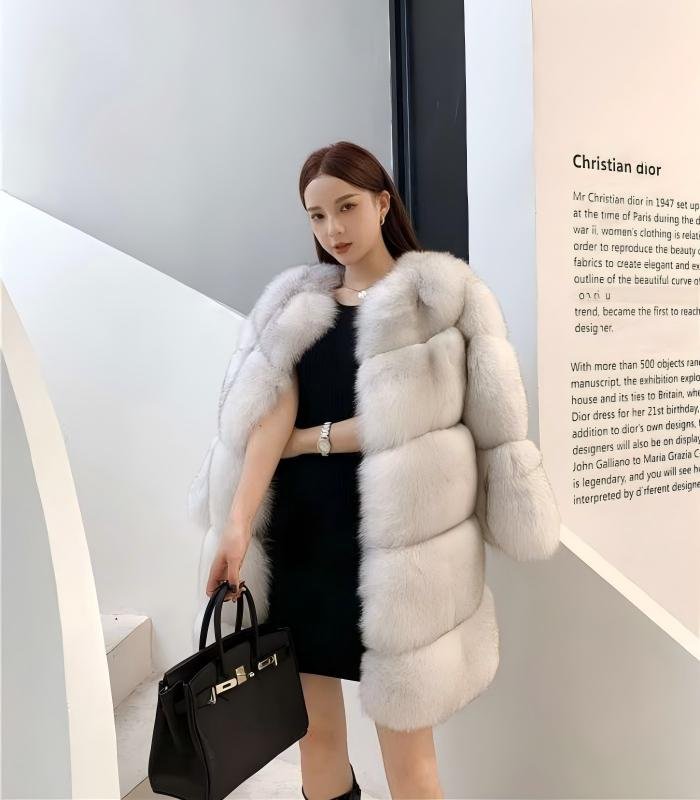 Women's Long Fox Fur Coat, Real Full Skin Luxury Winter Outerwear for Women