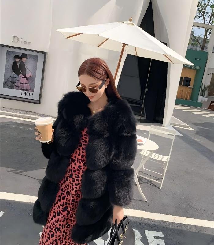 Women's Long Fox Fur Coat, Real Full Skin Luxury Winter Outerwear for Women