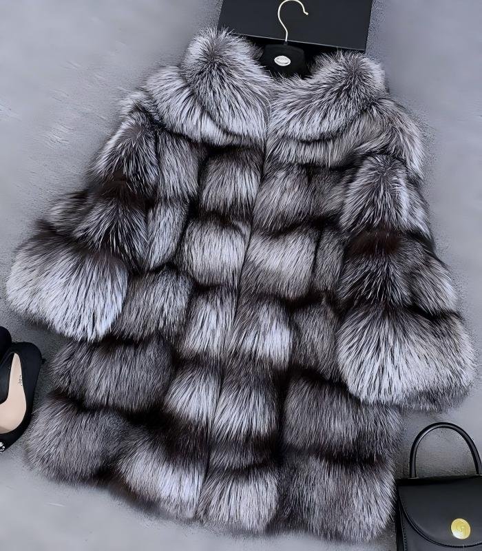 #2676 Women Mid Length Silver Fox Fur , Stand Collar Full Skin Real Fox Fur Winter Outerwear.e