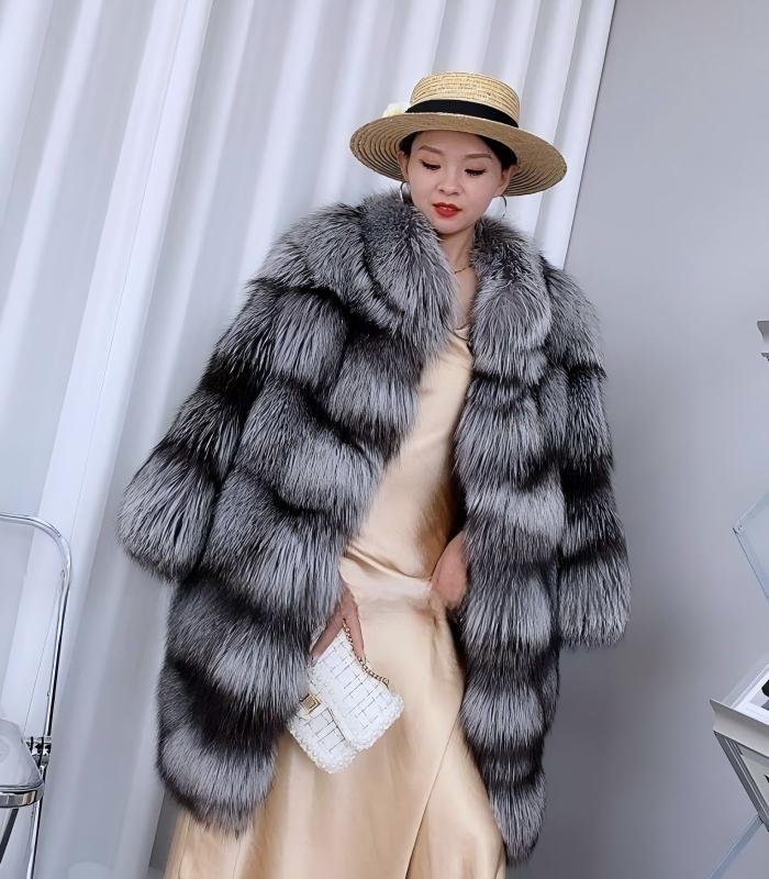 #2676 Women Mid Length Silver Fox Fur , Stand Collar Full Skin Real Fox Fur Winter Outerwear.d
