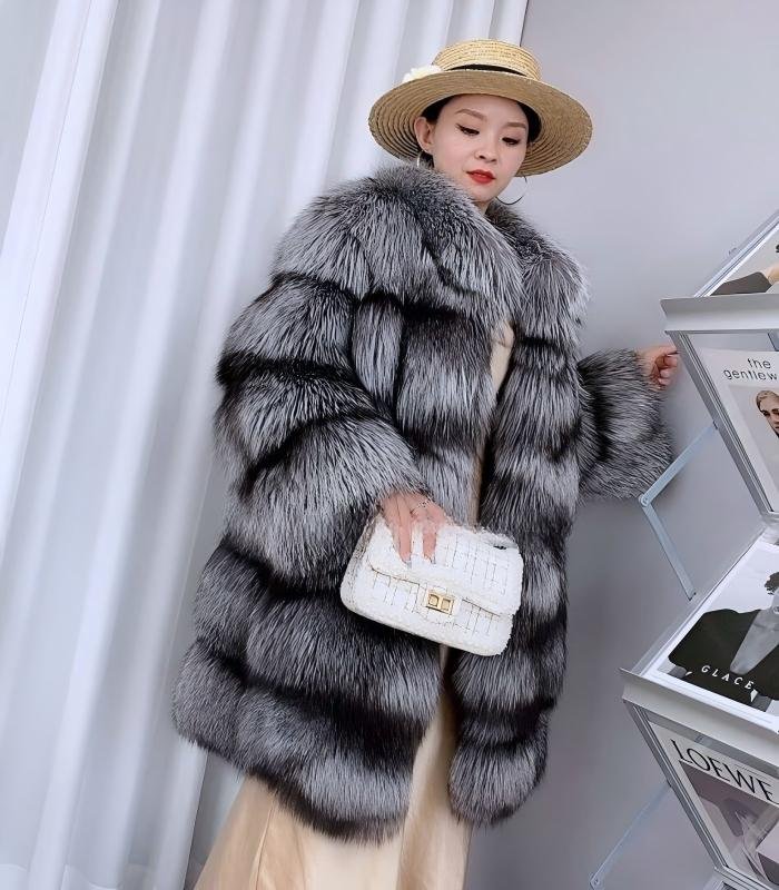 #2676 Women Mid Length Silver Fox Fur , Stand Collar Full Skin Real Fox Fur Winter Outerwear.c