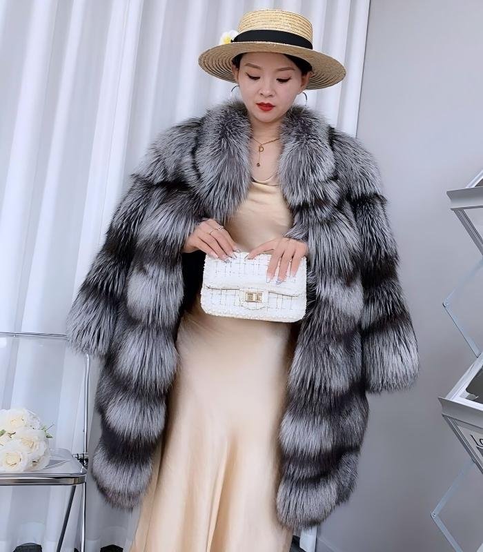 #2676 Women Mid Length Silver Fox Fur , Stand Collar Full Skin Real Fox Fur Winter Outerwear.b