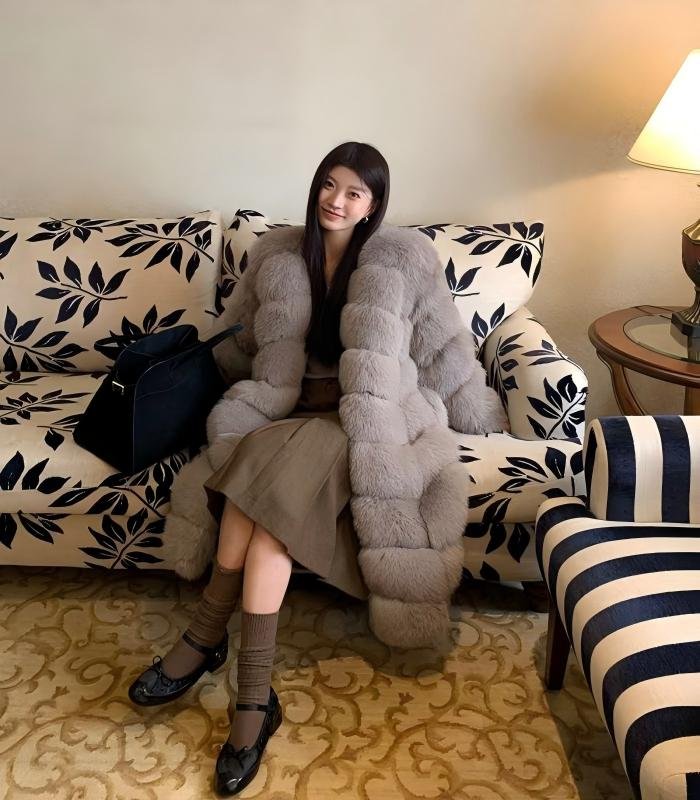 Women's Grey Long Fox Fur Coat, Real Full Skin Luxury Winter Outerwear for Women