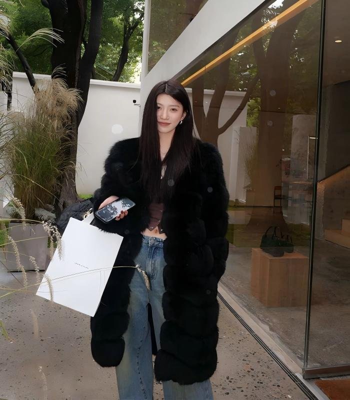 Women's Grey Long Fox Fur Coat, Real Full Skin Luxury Winter Outerwear for Women