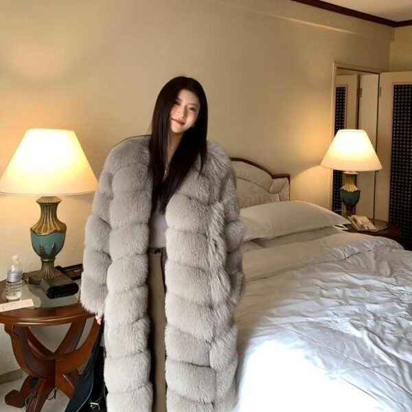 Women's Grey Long Fox Fur Coat, Real Full Skin Luxury Winter Outerwear for Women
