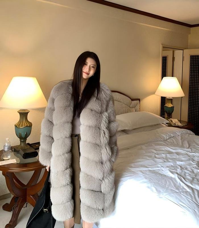 Women's Grey Long Fox Fur Coat, Real Full Skin Luxury Winter Outerwear for Women