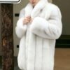 Men's White Imported SAGA Fox Fur Coat, Real Full Skin Mid Length Luxury Winter Outerwear
