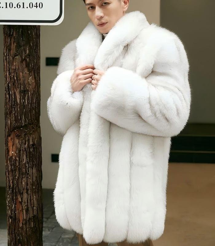 Men's White Imported SAGA Fox Fur Coat, Real Full Skin Mid Length Luxury Winter Outerwear