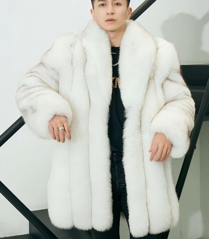 Men's White Imported SAGA Fox Fur Coat, Real Full Skin Mid Length Luxury Winter Outerwear