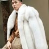Men's White Imported SAGA Fox Fur Coat, Real Full Skin Mid Length Luxury Winter Outerwear