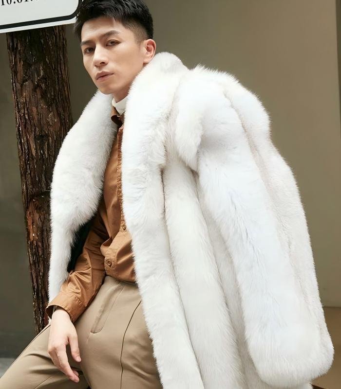 Men's White Imported SAGA Fox Fur Coat, Real Full Skin Mid Length Luxury Winter Outerwear