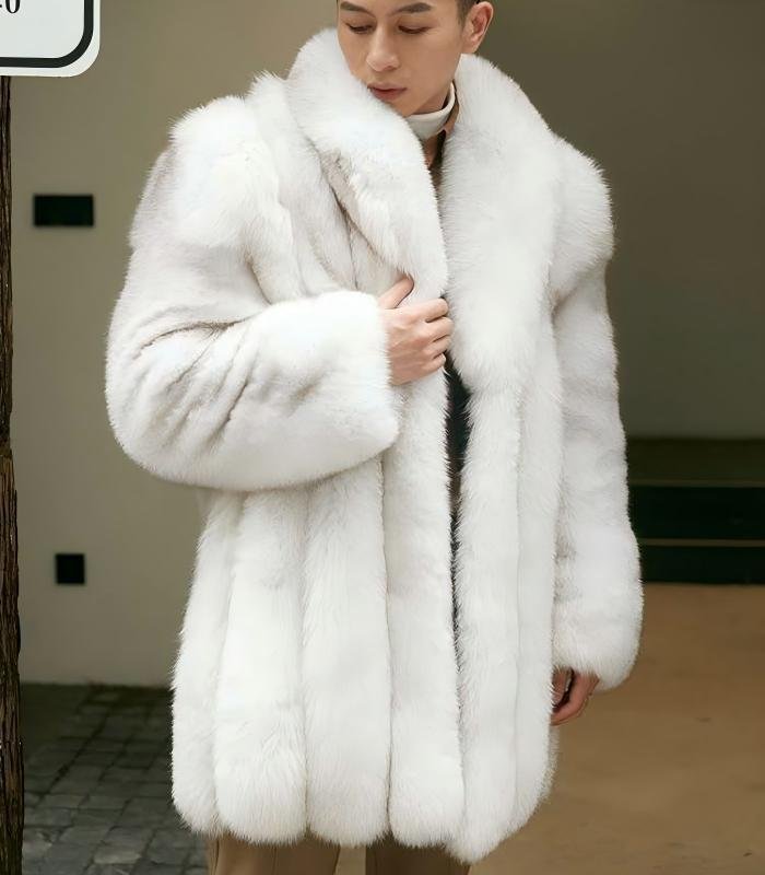 Men's White Imported SAGA Fox Fur Coat, Real Full Skin Mid Length Luxury Winter Outerwear
