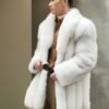 Men's White Imported SAGA Fox Fur Coat, Real Full Skin Mid Length Luxury Winter Outerwear