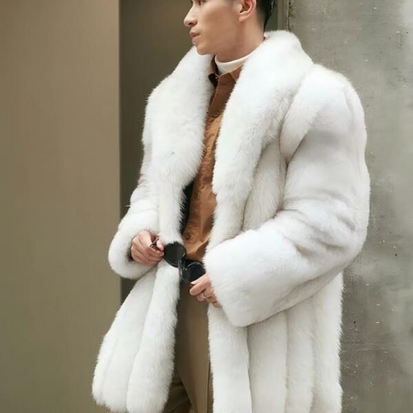 Men's White Imported SAGA Fox Fur Coat, Real Full Skin Mid Length Luxury Winter Outerwear
