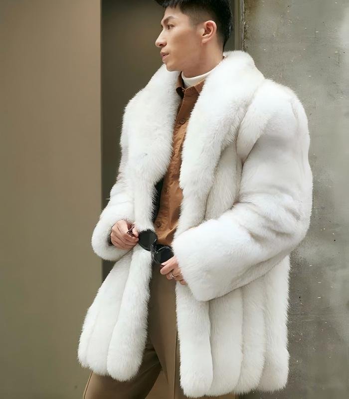 Men's White Imported SAGA Fox Fur Coat, Real Full Skin Mid Length Luxury Winter Outerwear