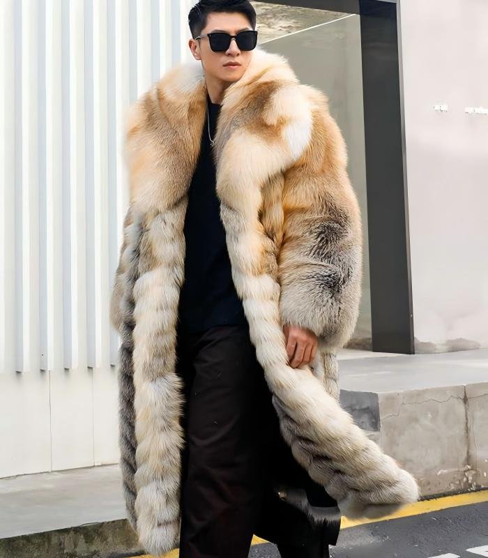 Men's SAGA Fox Fur Coat, Real Full Skin Long Length Luxury Winter Outerwear for Men