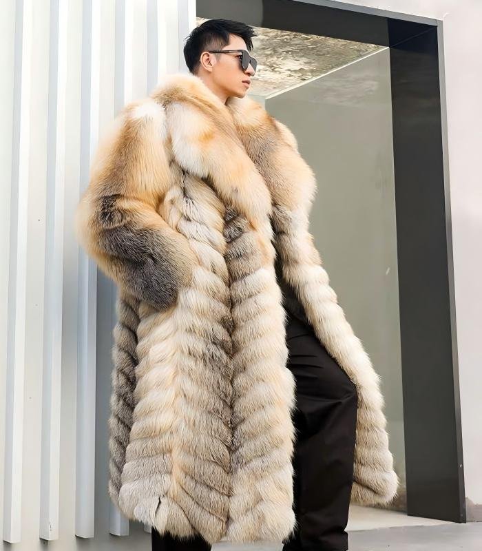 Men's SAGA Fox Fur Coat, Real Full Skin Long Length Luxury Winter Outerwear for Men